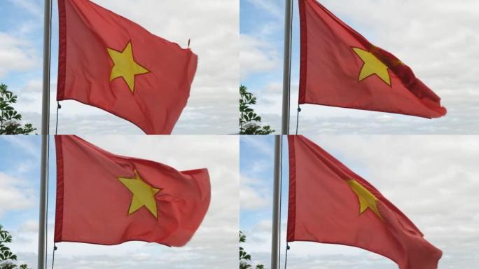 红色越南国旗的特写，中间有一颗金星