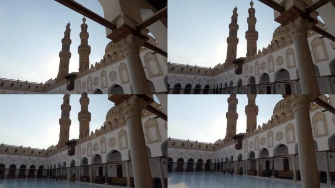 爱资哈尔清真寺，尖塔剪影美丽的牌坊庭院，倾斜下来。开罗