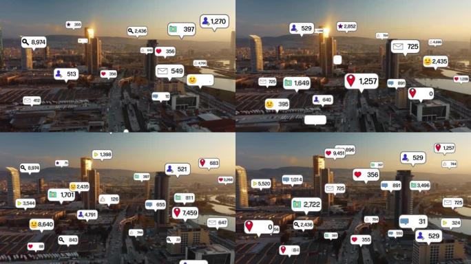 社交媒体图标飞越市中心，通过社交网络应用平台向人们展示互动联系