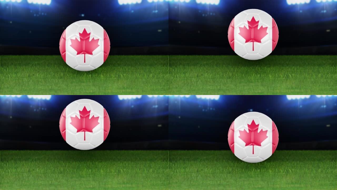 加拿大国旗足球，带灯跳入体育场。足球场和球，4k分辨率，循环-股票视频
