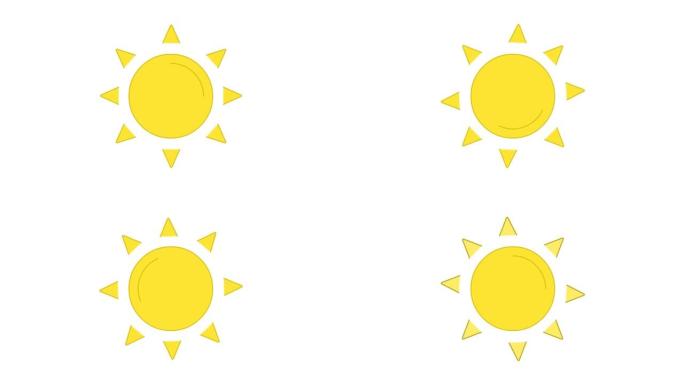太阳旋转亮黄色线条艺术矢量动画。阳光和热量，天气预报，气象简单轮廓图标视频。炎热的晴天，阳光阴暗的运