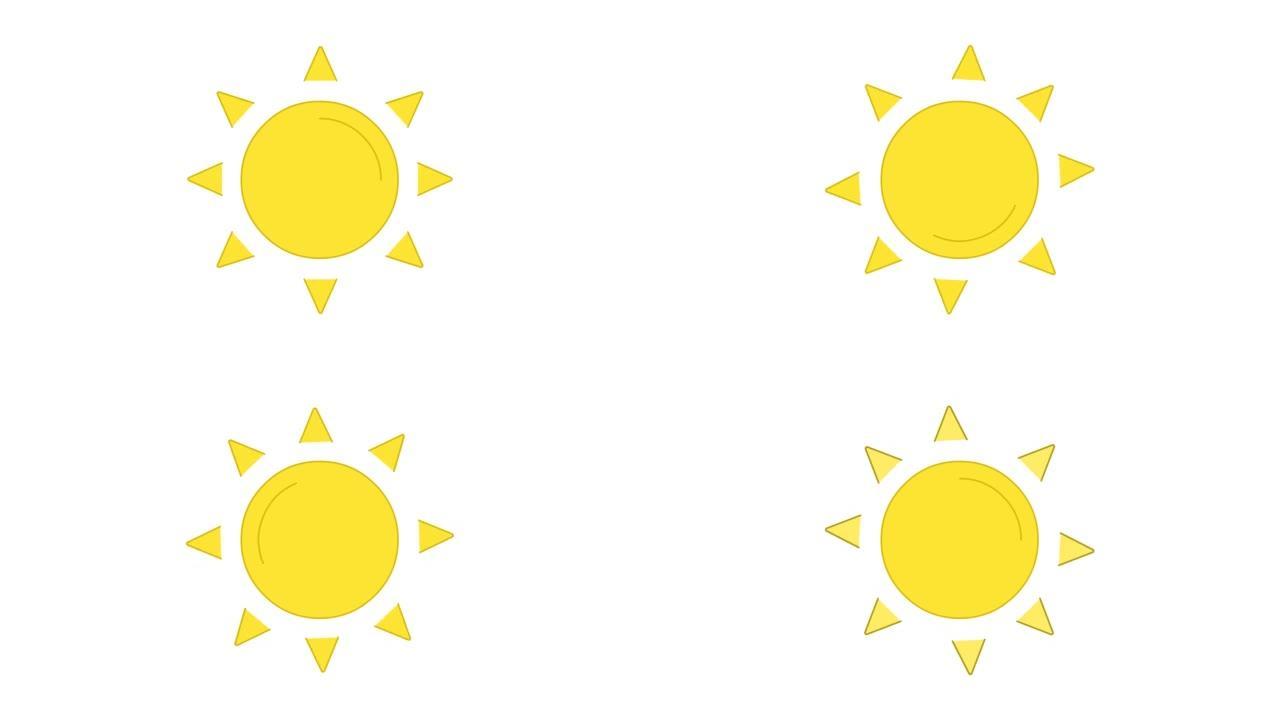 太阳旋转亮黄色线条艺术矢量动画。阳光和热量，天气预报，气象简单轮廓图标视频。炎热的晴天，阳光阴暗的运
