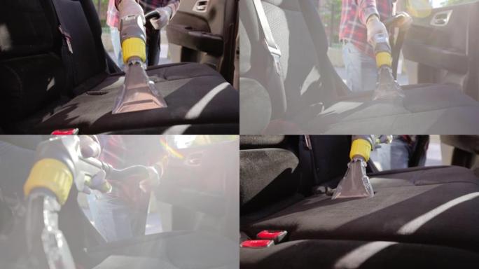 专业吸尘器深度清洗客车座椅，配有专用吸尘器。慢动作视频。
