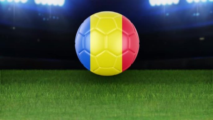 罗马尼亚国旗足球，带灯跳入体育场。足球场和球，4k分辨率，循环-股票视频