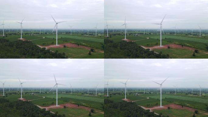 绿色能源风力发电机组的鸟瞰图。