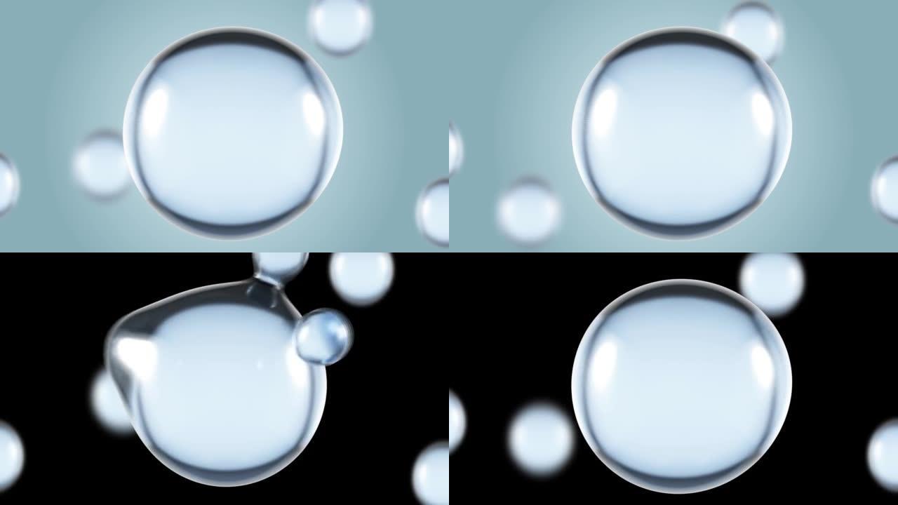3D动画护肤维生素胶原蛋白。原子分子飞入血清霜软球透明背景。