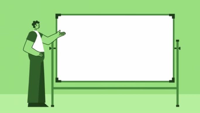 绿色风格的男人平字符扬声器靠近白板。带有Alpha通道的孤立循环动画