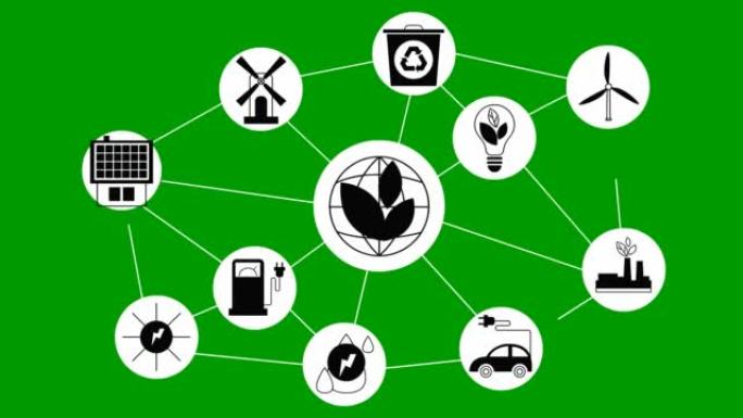 白色圆圈中的动画平面生态图标。扁平黑色符号用于可再生能源、绿色技术、生态护理。绿色背景上的矢量插图。