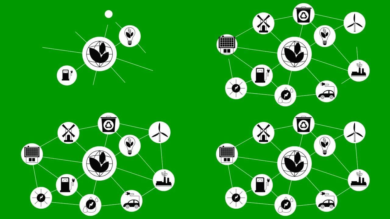 白色圆圈中的动画平面生态图标。扁平黑色符号用于可再生能源、绿色技术、生态护理。绿色背景上的矢量插图。