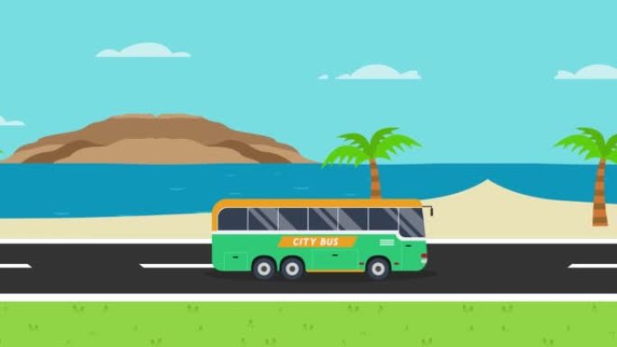 城市公交车在海滩背景下行驶