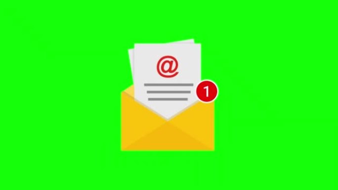 电子邮件图标动画。带有alpha通道的电子邮件信封循环动画，绿色屏幕。