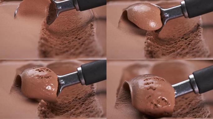 特写镜头挖出冰淇淋味巧克力。