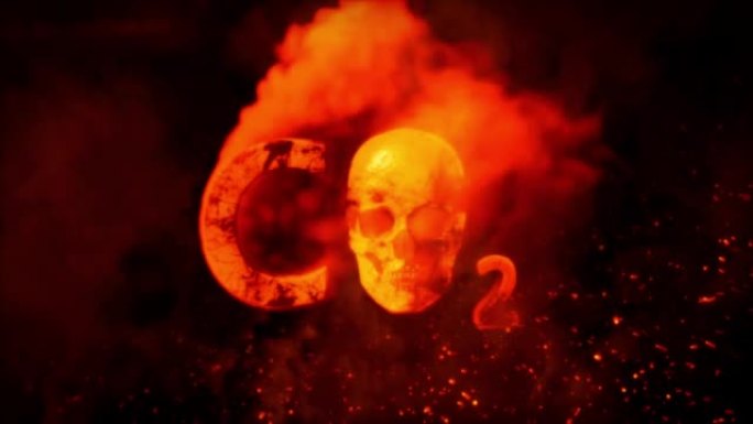 燃烧背景循环视频中带有可怕男人头骨的文本二氧化碳
