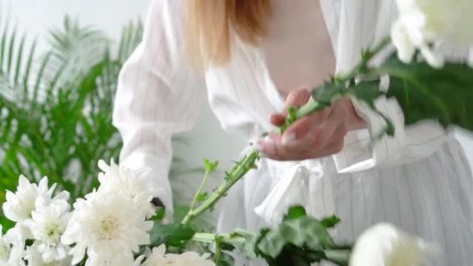 特写镜头，一个长发的花店女孩从美丽精致的白菊花茎上取下叶子，没有脸，只有手。