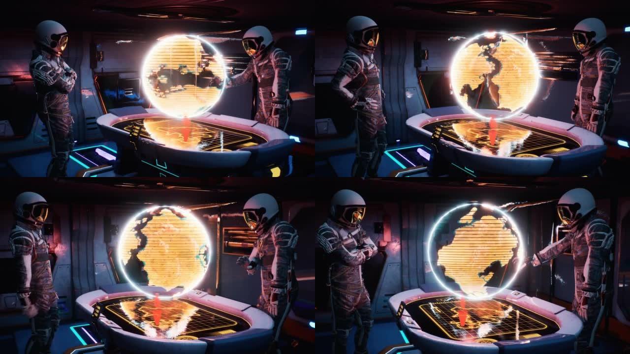 宇航员在飞船的控制室中选择飞行路线。宇航员旅行者的概念。动画非常适合太空和科幻背景。
