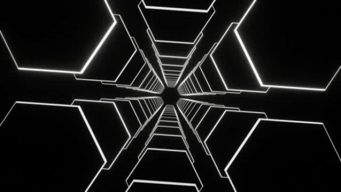 黑暗背景上的白色发光二极管霓虹灯六边形隧道无缝动画