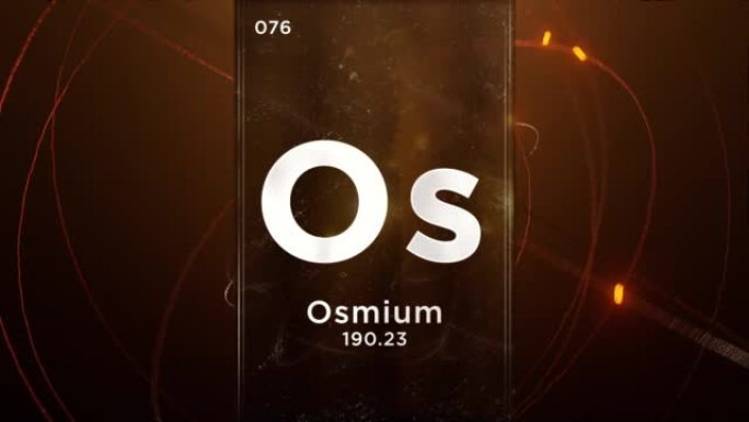 元素周期表的锇 (Os) 符号化学元素，原子设计背景上的3D动画