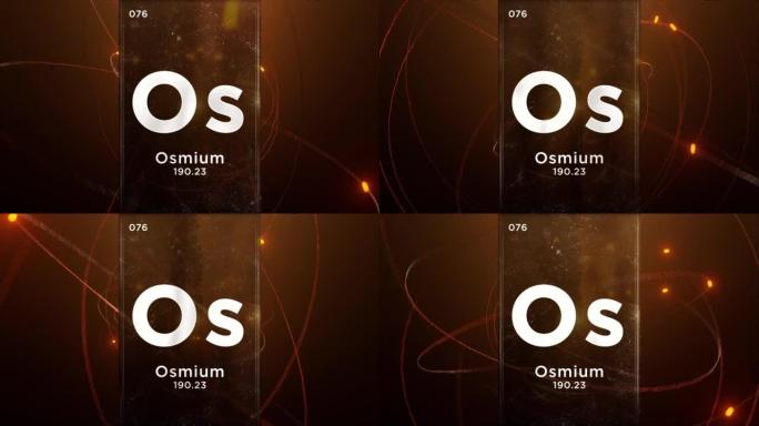 元素周期表的锇 (Os) 符号化学元素，原子设计背景上的3D动画