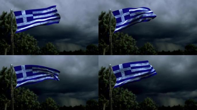 在黑暗的风暴积云上挥舞着希腊国旗庆祝国家庆典