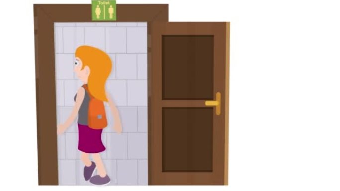 厕所里的人。浴室门附近一男一女的动画。卡通