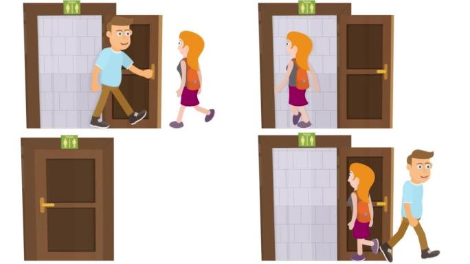 厕所里的人。浴室门附近一男一女的动画。卡通
