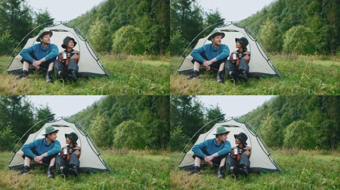 Confident multinational tourist couple talking in 