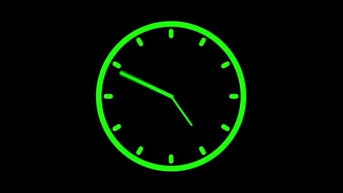 时钟动画在12小时4k视频股票视频时钟，手表-钟表，动画-运动图像，计时器，图标，绿色黑色背景