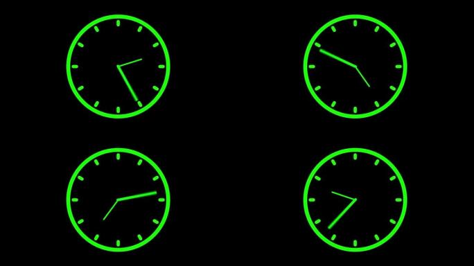时钟动画在12小时4k视频股票视频时钟，手表-钟表，动画-运动图像，计时器，图标，绿色黑色背景