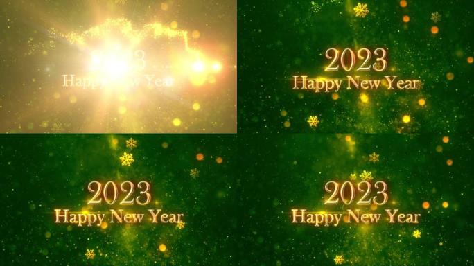绿色背景上的快乐新2023年，带有雪花，徽标，新年快乐徽标