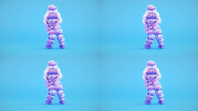 3d动画彩色多毛卡通怪物角色嘻哈在蓝色背景上跳舞，穿着毛茸茸服装的人，有趣的吉祥物循环动画，现代最小