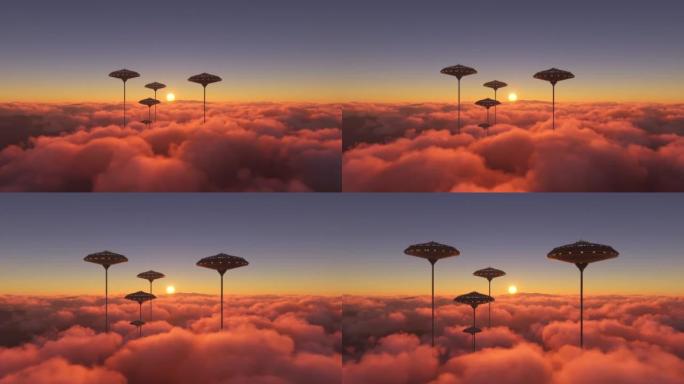 在云层上方的未来城市日落时的空中拍摄。科幻小镇的前视图