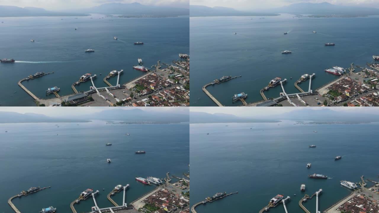 印度尼西亚Banyuwangi港口的延时鸟瞰图，巴厘岛的渡轮