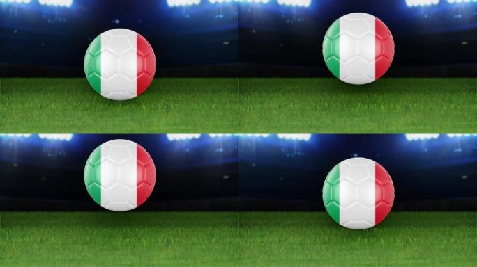 意大利国旗足球，带灯跳入体育场。足球场和球，4k分辨率，循环-股票视频