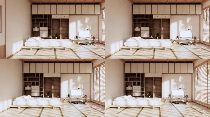 卧室日式简约风格。现代白墙和木地板，房间简约主义。3D渲染