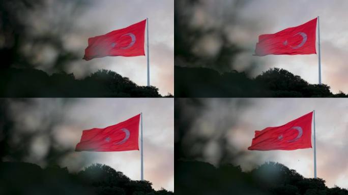 土耳其国旗伊斯坦布尔4K，土耳其国旗和风景，土耳其国旗在风中挥舞