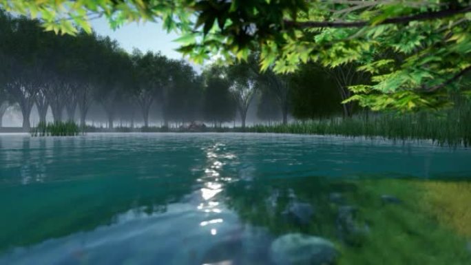 白天和平自然森林、湖泊和多云天空全景的3D渲染视频 (模型3)