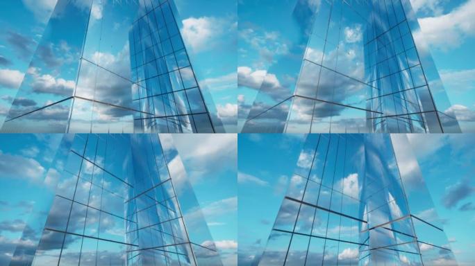 现代玻璃摩天大楼外观，窗户上有阳光和反射