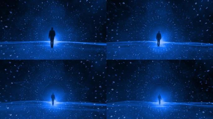 Men walking in blue binary data cyberspace.