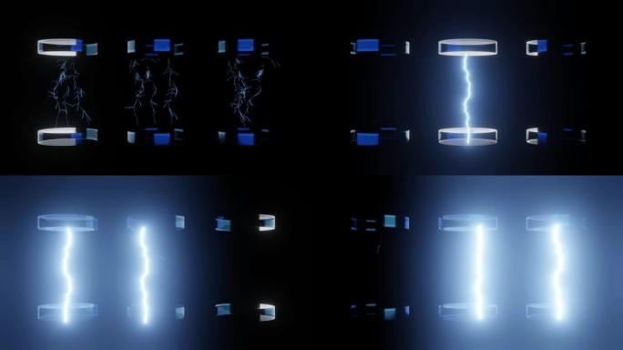 场景数字科幻背景上的抽象序列在蓝色技术胶囊中闪烁慢动作闪电效果的图形，3D渲染