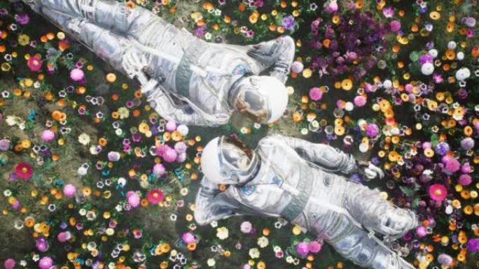 恋爱中的宇航员躺在花田上，透过他们的太空服互相看着对方。宇航员旅行者的概念。该动画非常适合空间和科幻