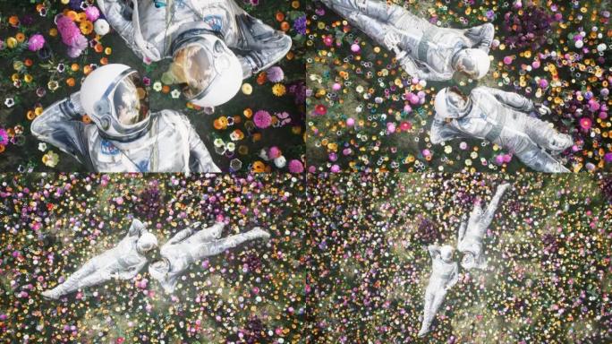 恋爱中的宇航员躺在花田上，透过他们的太空服互相看着对方。宇航员旅行者的概念。该动画非常适合空间和科幻
