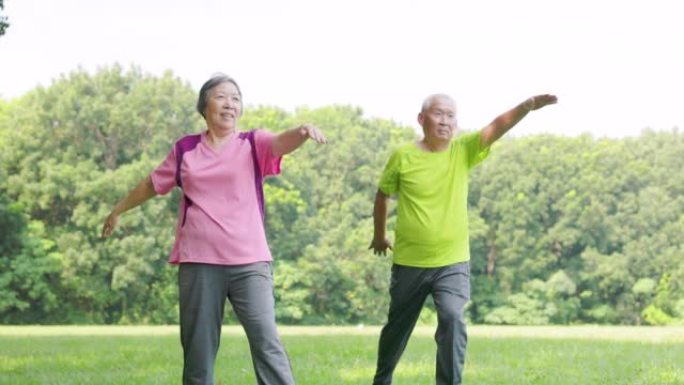 老年夫妇在公园锻炼和伸展手臂