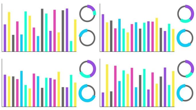 动画信息图表集。两个不同的图表和图形的动画在白色背景上孤立的明亮的颜色。高质量4k分辨率镜头