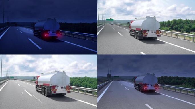 加油车从夜间到白天在道路上行驶-4k分辨率