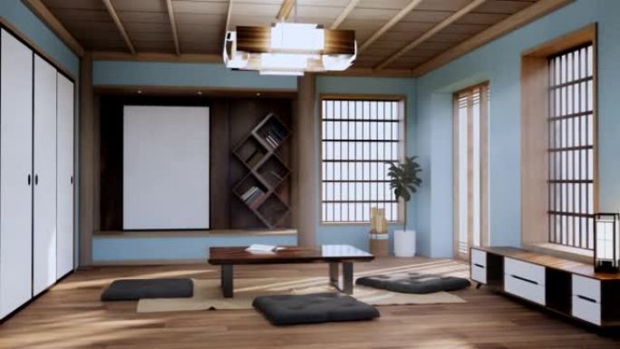 木地板上的空房间浅蓝色室内设计。3D渲染