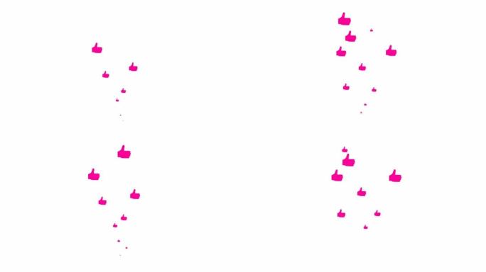 动画粉色喜欢从下往上飞。循环视频。矢量平面插图。白色背景上孤立的手的喷泉。