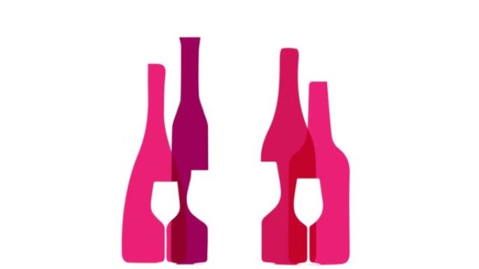 葡萄酒餐厅菜单设计，配有欢快多彩的酒杯瓶。葡萄酒清单的白色背景。动画插图