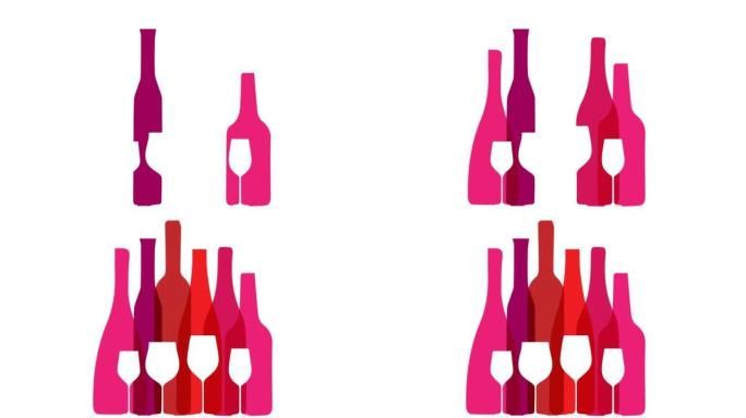 葡萄酒餐厅菜单设计，配有欢快多彩的酒杯瓶。葡萄酒清单的白色背景。动画插图