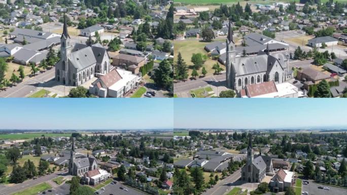 无人机拍摄了俄勒冈州安吉尔山的一座非常古老的天主教堂，城市景观