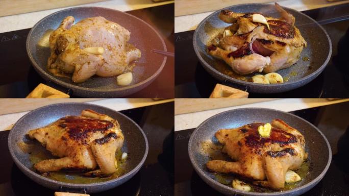 全鸡肉黄油在锅肉烧烤炉上烹饪